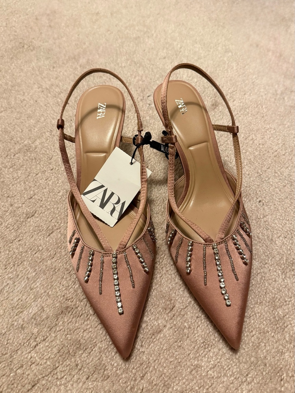 Zara Rhinestone Satin Slingback Kitten Heels- NWT